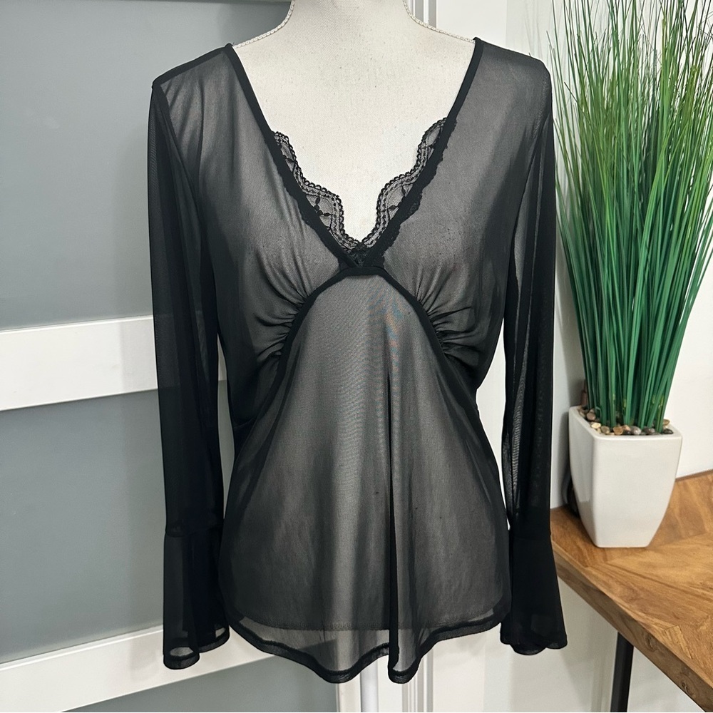 Y2k Black Babydoll Sheer Lace V Neck Top Large Flare Cuffs Witchy Boho Goth EUC